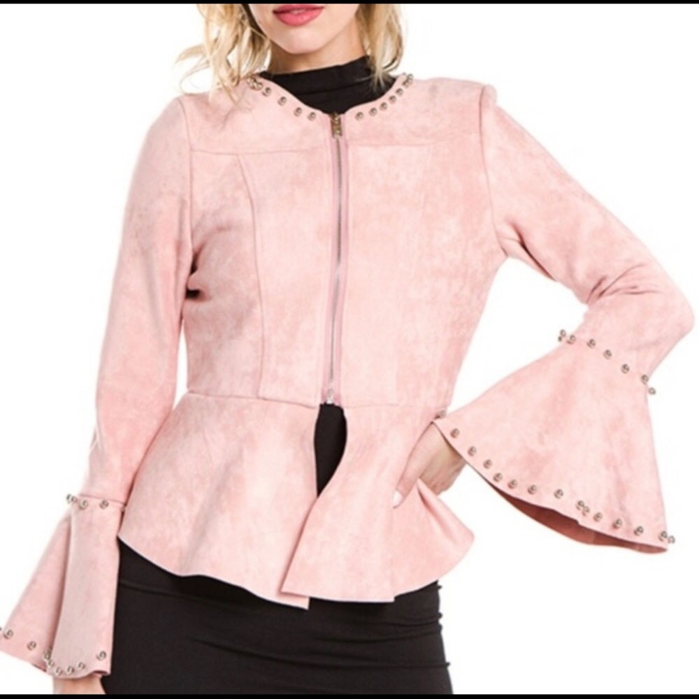 LAST- Luxel Studded Blush Pink Suede Ruffle Cuff Jacket